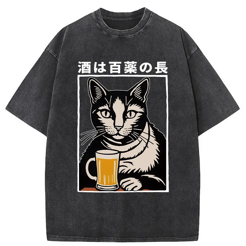 Tokyo-Tiger Cat And Beer Japanese Washed T-Shirt