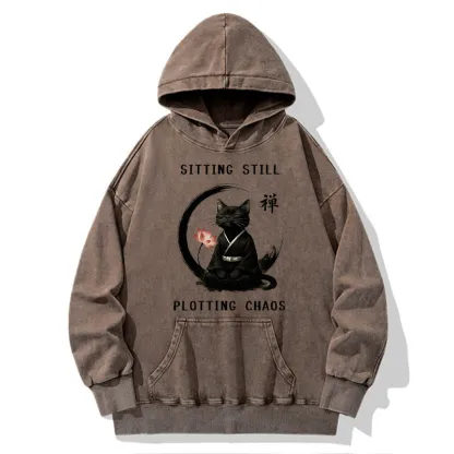 Tokyo-Tiger Sitting still  plotting chaos Calming Zen Cat Funny Washed Hoodie