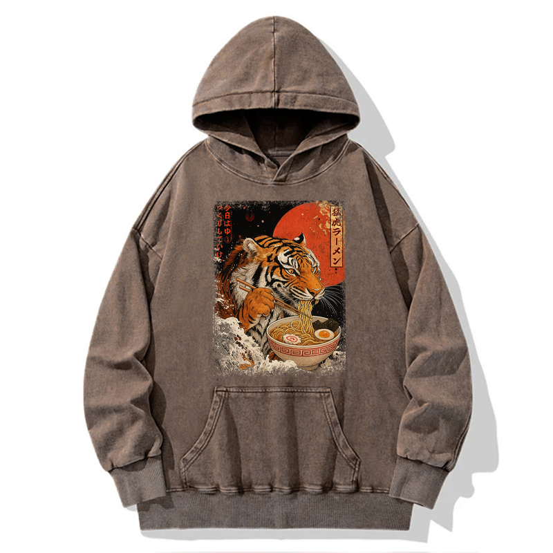 Tokyo-Tiger Ukiyoe Japan Tiger Eating Ramen Washed Hoodie