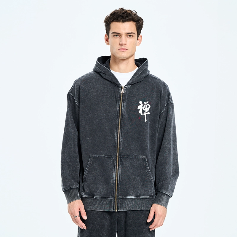 Tokyo-Tiger Japanese Zen Kanji Washed Zip Hoodie