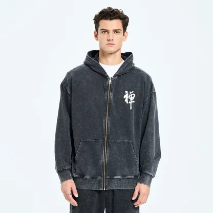 Tokyo-Tiger Japanese Zen Kanji Washed Zip Hoodie
