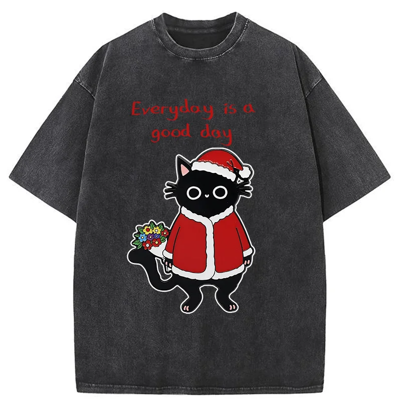 Tokyo-Tiger Christmas Cat Brings You Flowers Washed T-Shirt