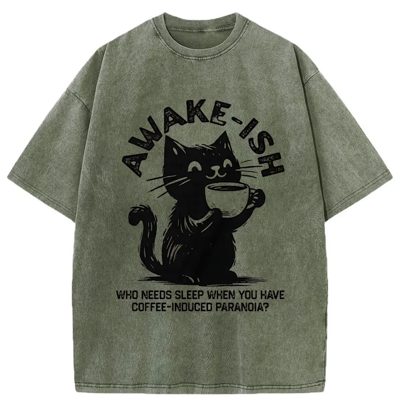 Tokyo-Tiger Staying Awake Because Of Coffee Washed T-Shirt