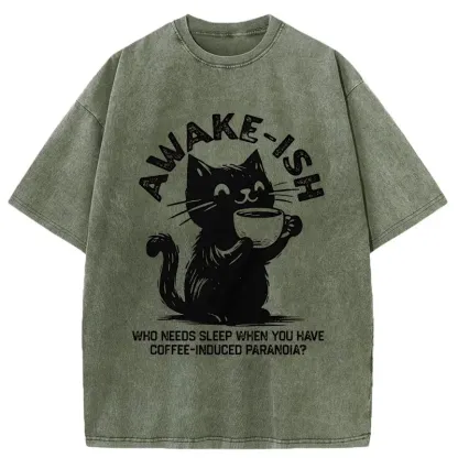 Tokyo-Tiger Staying Awake Because Of Coffee Washed T-Shirt