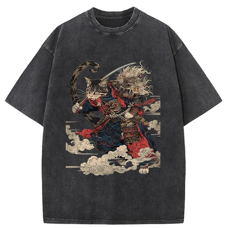 Tokyo-Tiger Gorgeous Samurai Cat Washed T-Shirt