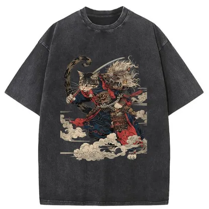 Tokyo-Tiger Gorgeous Samurai Cat Washed T-Shirt