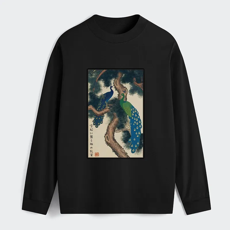 Tokyo-Tiger Peacocks in Snowy Pines Classic Long Sleeve T-Shirt