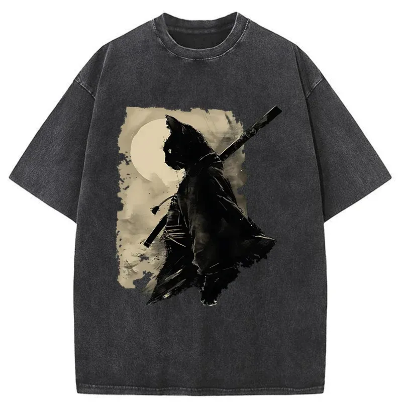 Tokyo-Tiger Under The Moon Cat Samurai Washed T-Shirt