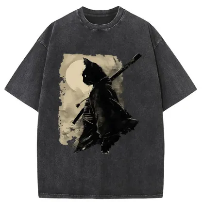Tokyo-Tiger Under The Moon Cat Samurai Washed T-Shirt