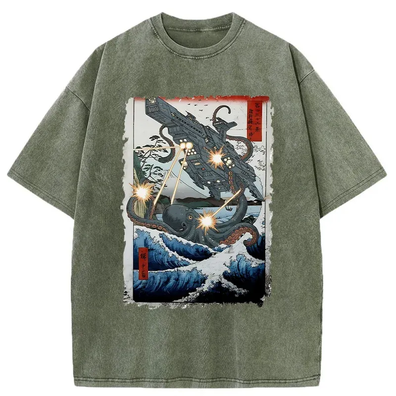 Tokyo-Tiger Octopus VS Spaceship Washed T-Shirt