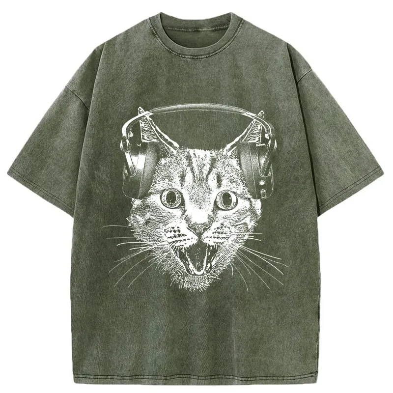 Tokyo-Tiger Cat With Headphones Washed T-Shirt