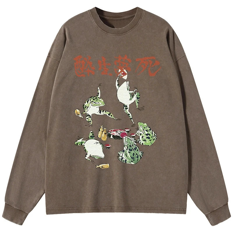 Tokyo-Tiger Japanese Frog Osake Kanji Washed Long Sleeve T-Shirt