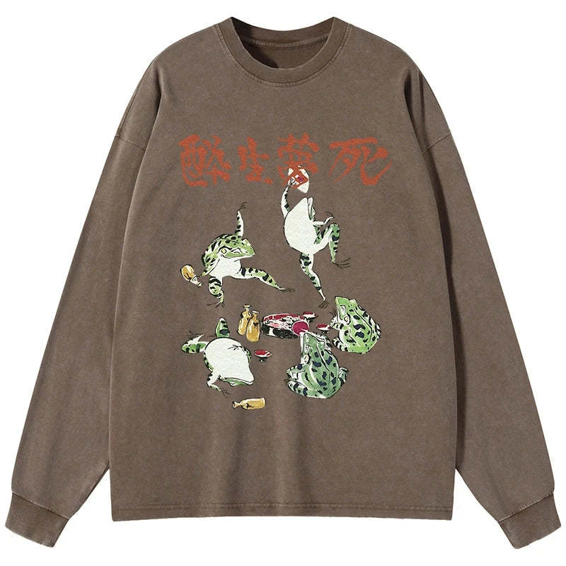Tokyo-Tiger Japanese Frog Osake Kanji Washed Long Sleeve T-Shirt
