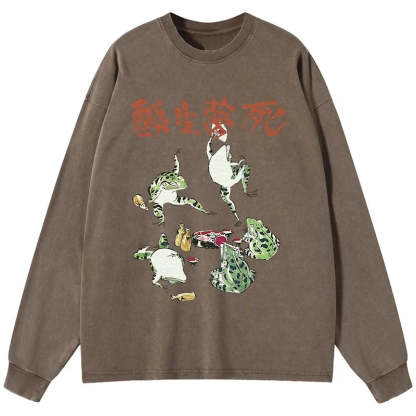 Tokyo-Tiger Japanese Frog Osake Kanji Washed Long Sleeve T-Shirt