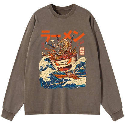 Tokyo-Tiger The Great Wave Ramen Kaiju Washed Long Sleeve T-Shirt