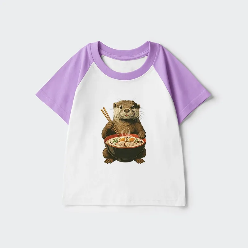 Tokyo-Tiger Japanese Otter Eating Ramen Kids Raglan T-shirt
