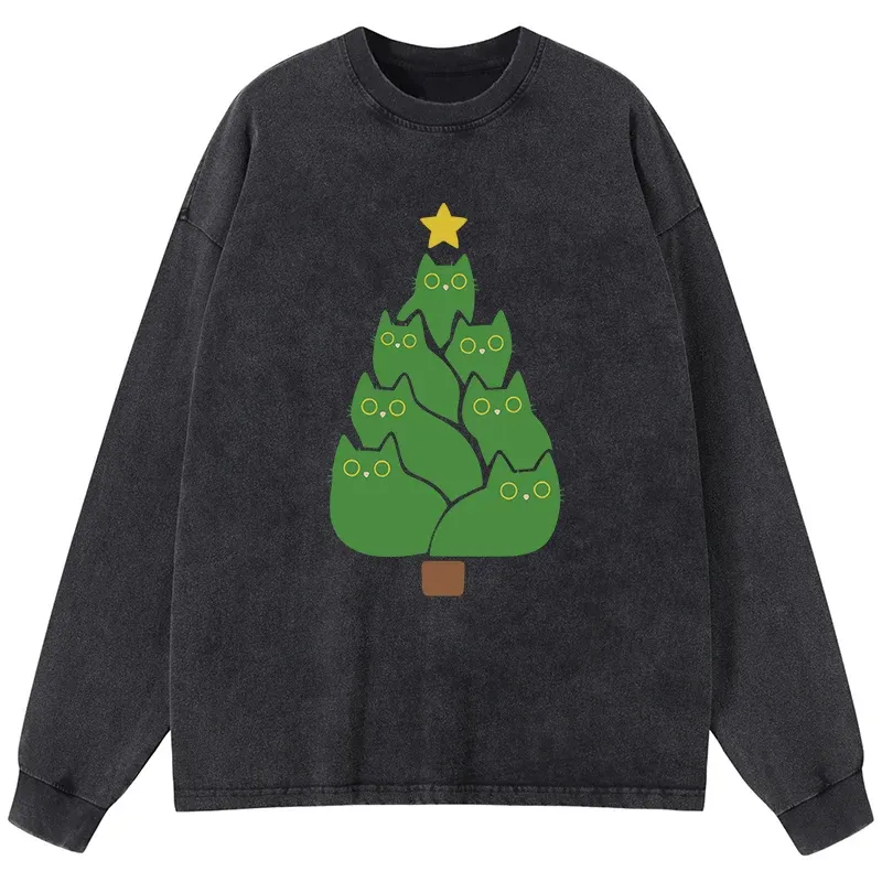 Tokyo-Tiger Christmas Tree Cat Japanese Washed Long Sleeve T-Shirt