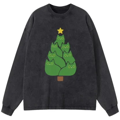 Tokyo-Tiger Christmas Tree Cat Japanese Washed Long Sleeve T-Shirt
