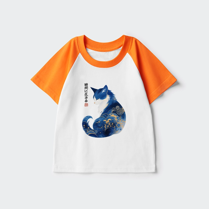 Tokyo-Tiger Retro Zen Cat: Living the Present Kids Raglan T-shirt