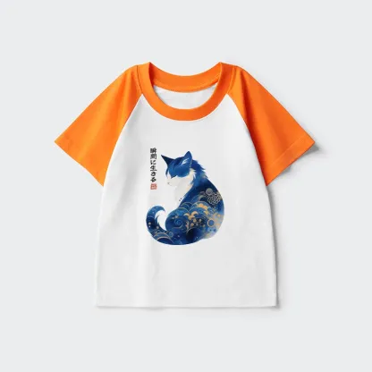Tokyo-Tiger Retro Zen Cat: Living the Present Kids Raglan T-shirt