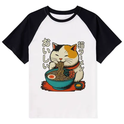 Tokyo-Tiger Cute Eat Eating Japanese Ramen Raglan T-shirt