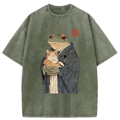 Tokyo-Tiger A Frog Holding A Cat Washed T-Shirt