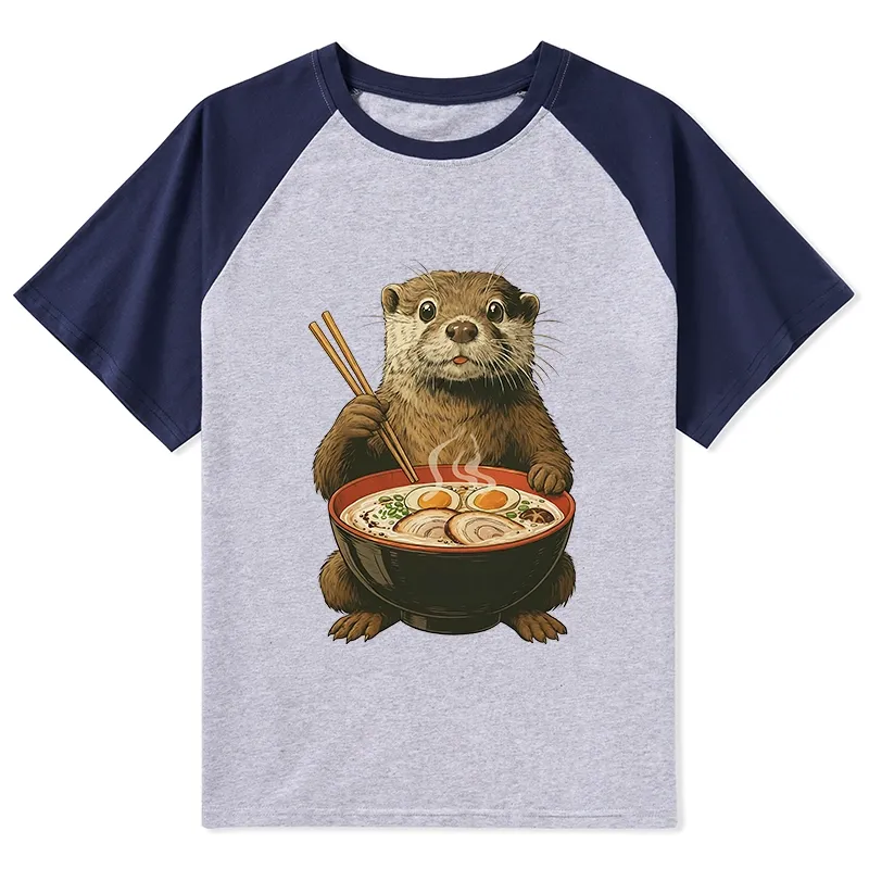 Tokyo-Tiger Japanese Otter Eating Ramen Raglan T-shirt