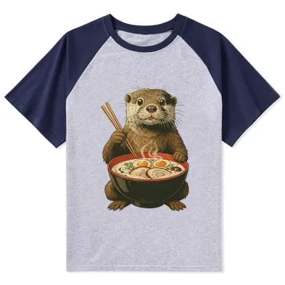 Tokyo-Tiger Japanese Otter Eating Ramen Raglan T-shirt