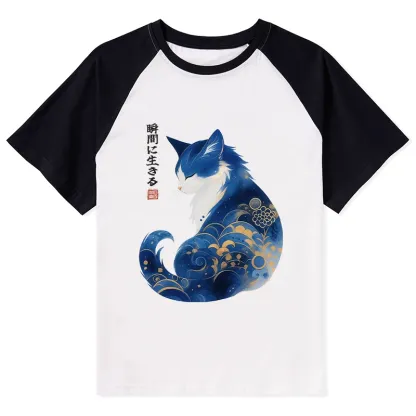 Tokyo-Tiger Retro Zen Cat: Living the Present Raglan T-shirt