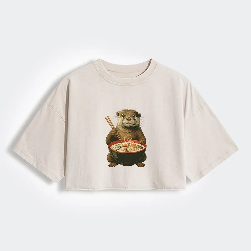 Tokyo-Tiger Japanese Otter Eating Ramen Women's Washed Crop T-Shirt