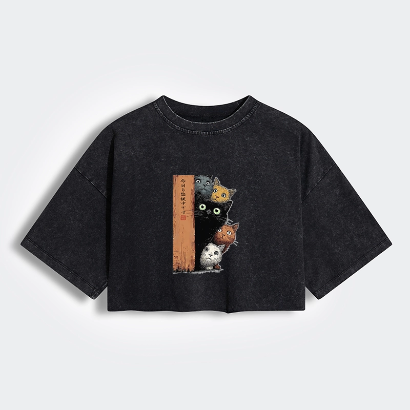 Tokyo-Tiger Five Cats Are Watching You Women's Washed Crop T-Shirt