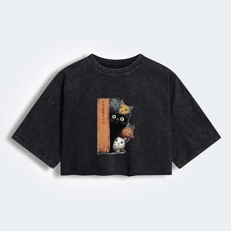 Tokyo-Tiger Five Cats Are Watching You Women's Washed Crop T-Shirt