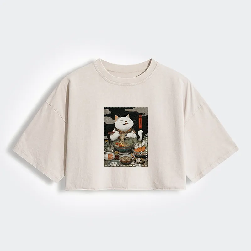 Tokyo-Tiger The Ramen-Loving Cat Women's Washed Crop T-Shirt