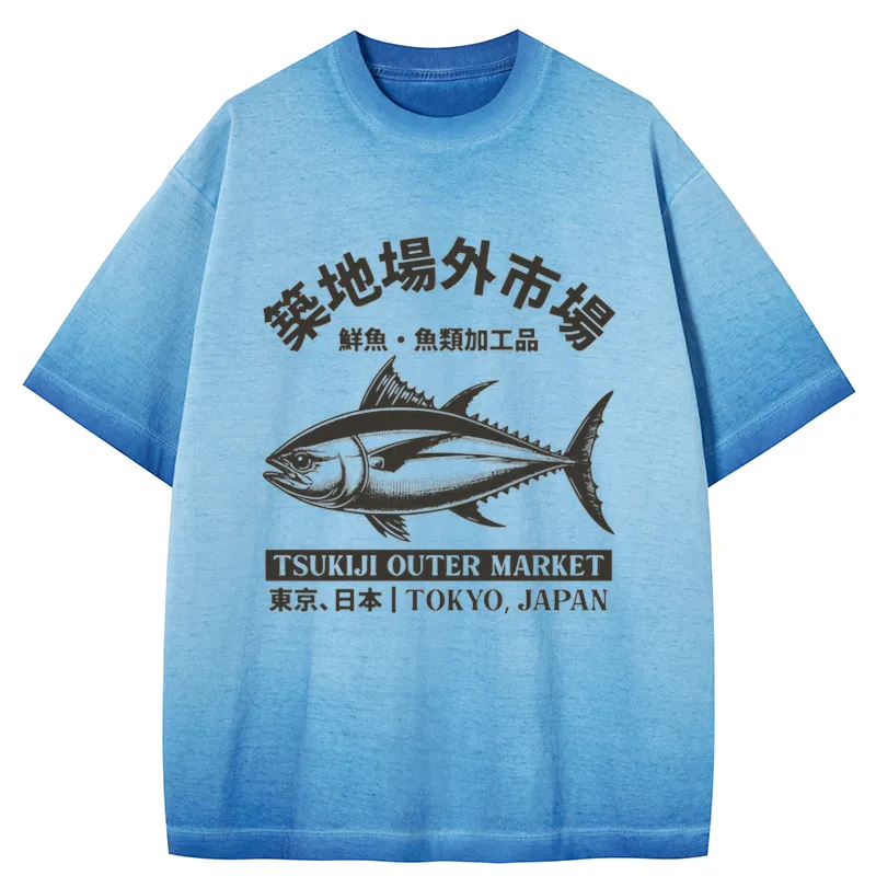 Tokyo-Tiger Tokyo Japan Tsukiji Fish Market Gradient Washed T-Shirt Sale