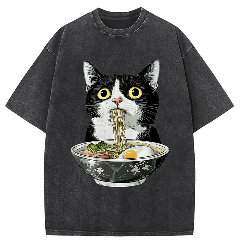 Tokyo-Tiger Cute Cat Eating Japan Ramen Washed T-Shirt