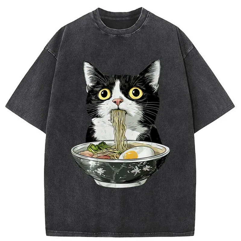 Tokyo-Tiger Cute Cat Eating Japan Ramen Washed T-Shirt
