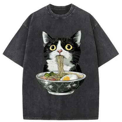 Tokyo-Tiger Cute Cat Eating Japan Ramen Washed T-Shirt