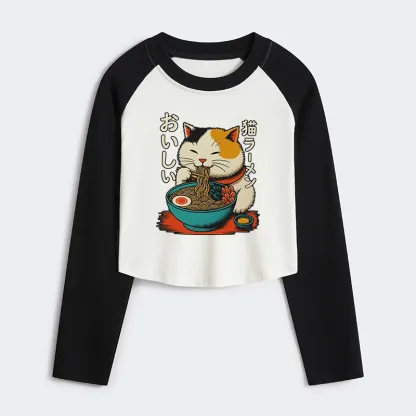 Tokyo-Tiger Cute Eat Eating Japanese Ramen Women's Crop Raglan T-Shirt