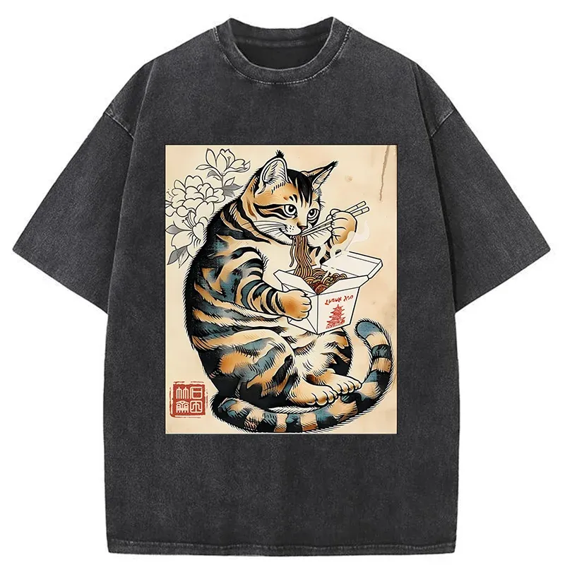 Tokyo-Tiger Cat Eating Takeout Washed T-Shirt