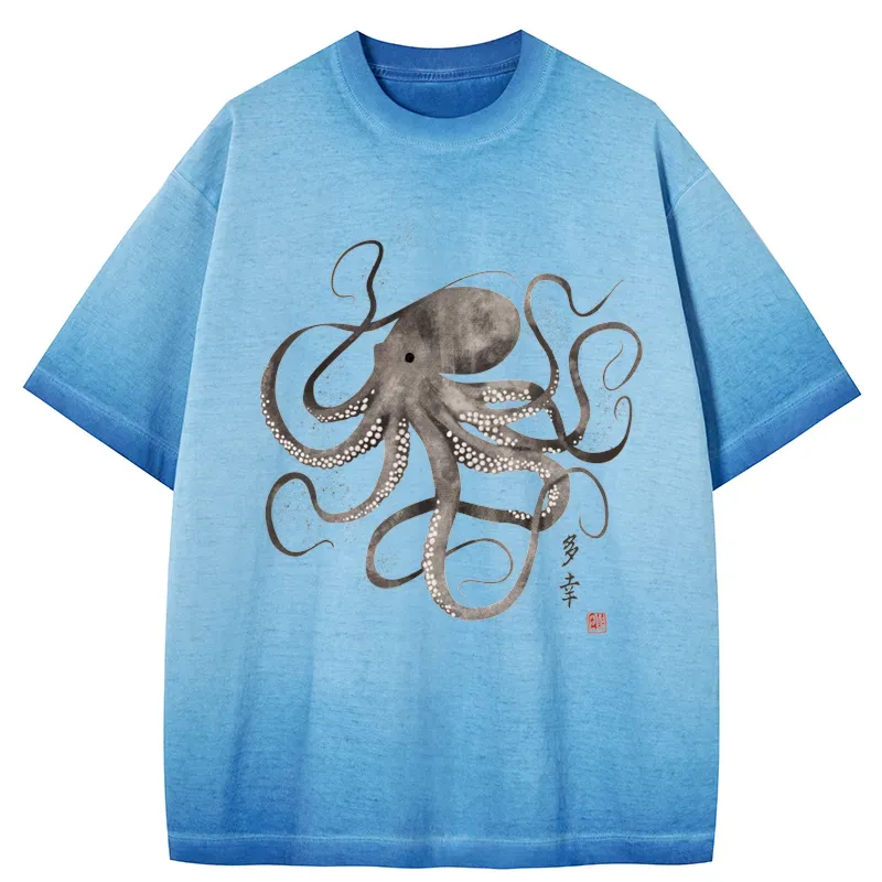 Tokyo-Tiger Octopus Japanese Calligraphy Gradient Washed T-Shirt