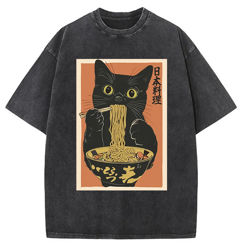 Tokyo-Tiger Black Cat Eats Japan Ramen Washed T-Shirt
