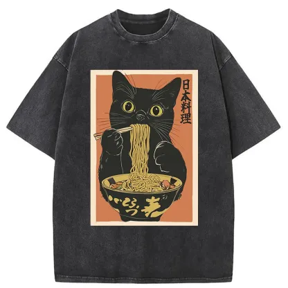 Tokyo-Tiger Black Cat Eats Japan Ramen Washed T-Shirt