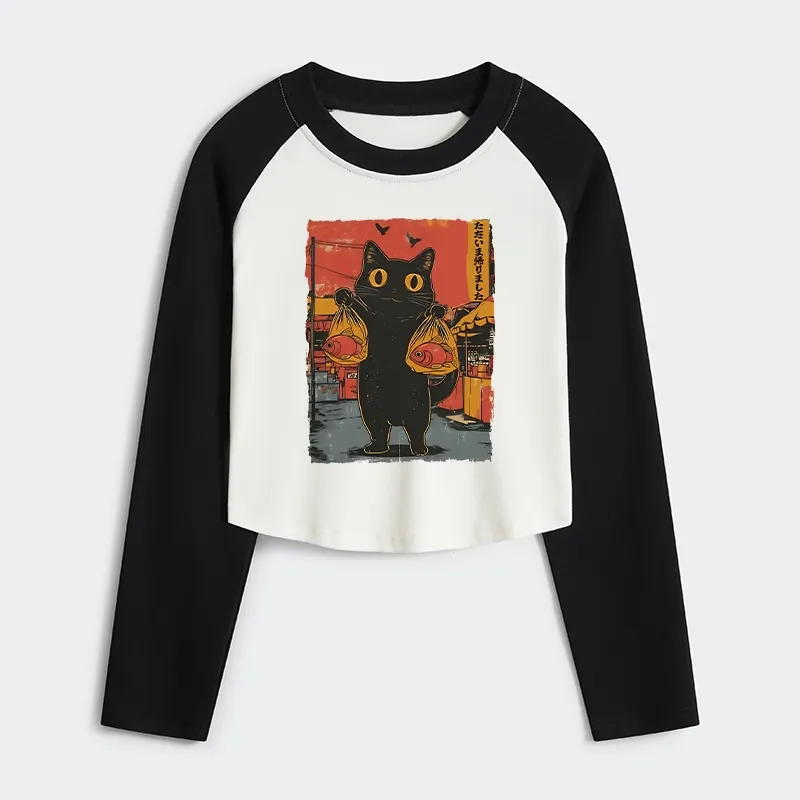 Tokyo-Tiger Cat Fishing Japanese Women's Crop Raglan T-Shirt