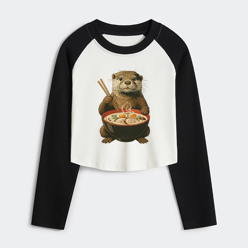 Tokyo-Tiger Japanese Otter Eating Ramen Women's Crop Raglan T-Shirt