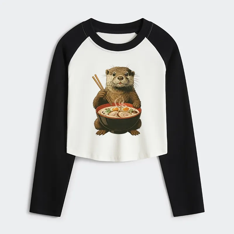 Tokyo-Tiger Japanese Otter Eating Ramen Women's Crop Raglan T-Shirt