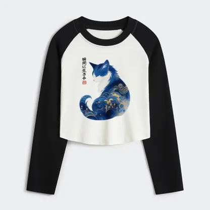 Tokyo-Tiger Retro Zen Cat: Living the Present Women's Crop Raglan T-Shirt
