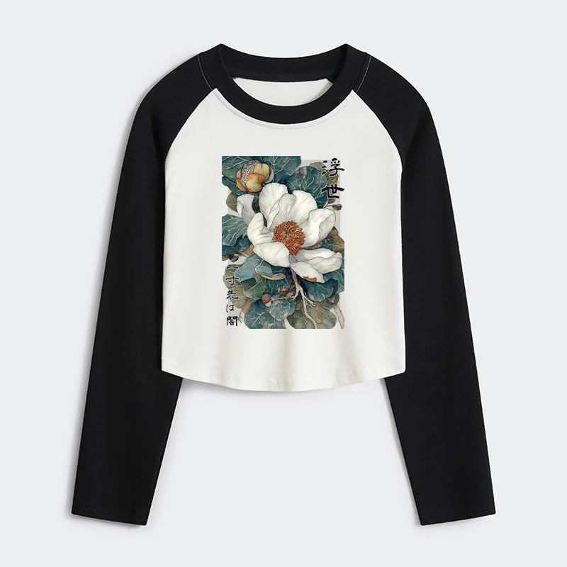 Tokyo-Tiger Ukiyoe Magnolia Flower Poster Women's Crop Raglan T-Shirt