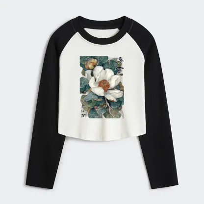 Tokyo-Tiger Ukiyoe Magnolia Flower Poster Women's Crop Raglan T-Shirt