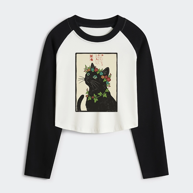 Tokyo-Tiger The Flower-Crowned Cat Women's Crop Raglan T-Shirt