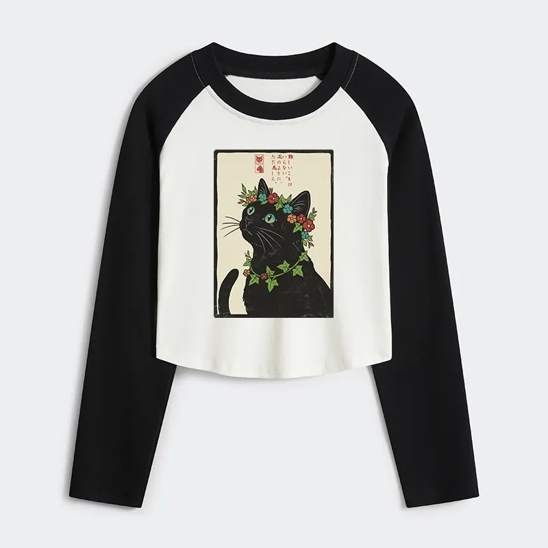 Tokyo-Tiger The Flower-Crowned Cat Women's Crop Raglan T-Shirt